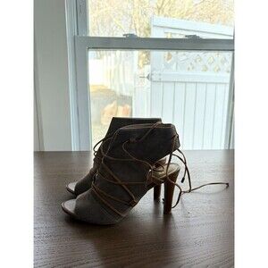 Franco Sarto Quinela Taupe Suede Lace Up Booties Heels Open Toe Sandals Size 7.5